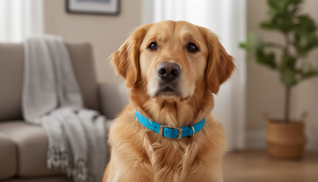 Dog wearing blue collar sitting indoors at home