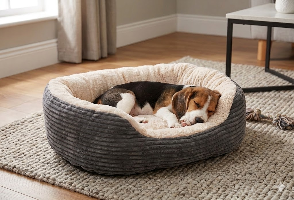 Dog curled up asleep in a luxury pet bed