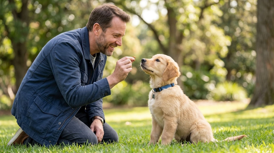 Man training a puppy with treats in a park