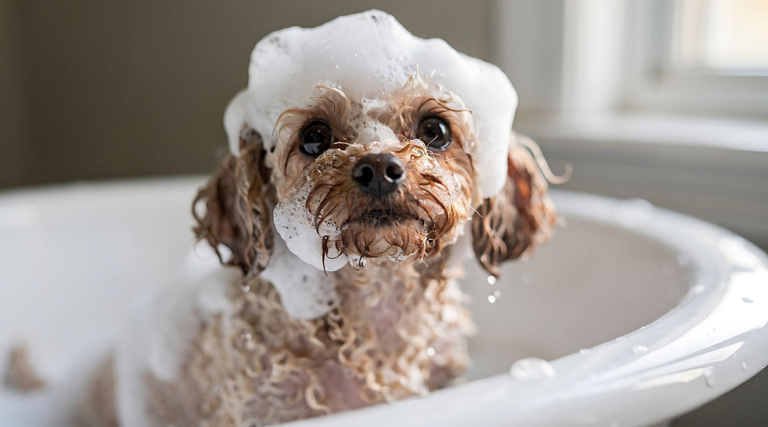 Dog having shampoo applied during a bath in a tub