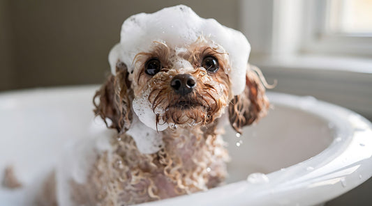 Dog having shampoo applied during a bath in a tub