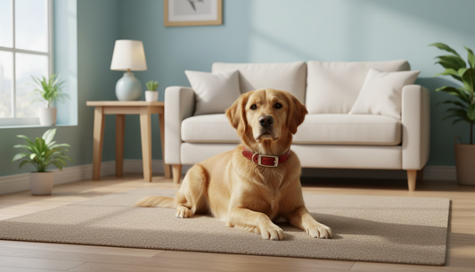 Golden dog wearing a collar lying on a rug in a cosy living room