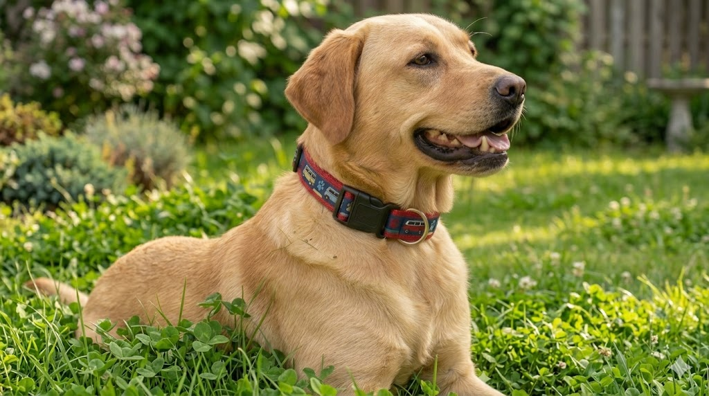 Dog sitting on grass wearing a collar