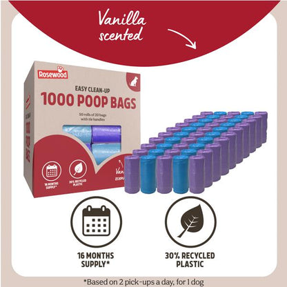 1000 Poop Bags - 40 Rolls of 25 Bags With Tie Handles