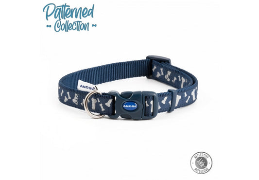 Bone Patterned Navy Reflective Collar Size 2-5