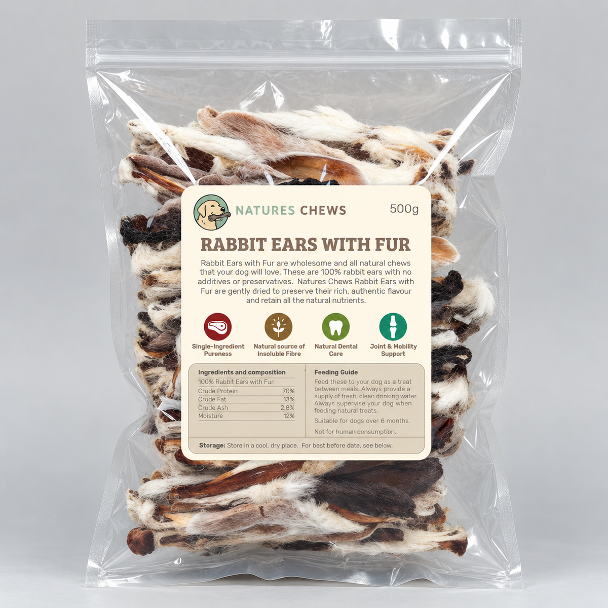 Natures Chews Rabbit Ear with Hair 500g Bag Dog Treats