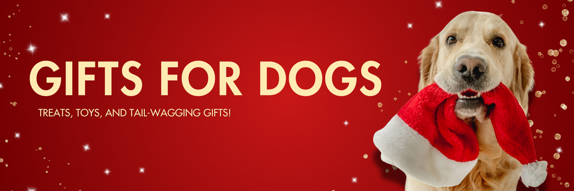 “Golden retriever holding a red and white Christmas stocking in its mouth beside the text ‘Gifts for Dogs – Treats, Toys, and Tail-Wagging Gifts!’ on a red festive background with sparkles.”