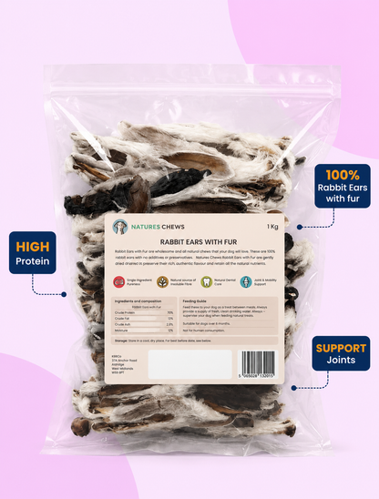 Natures Chews Rabbit Ear with Hair 1kg Bag Dog Treats