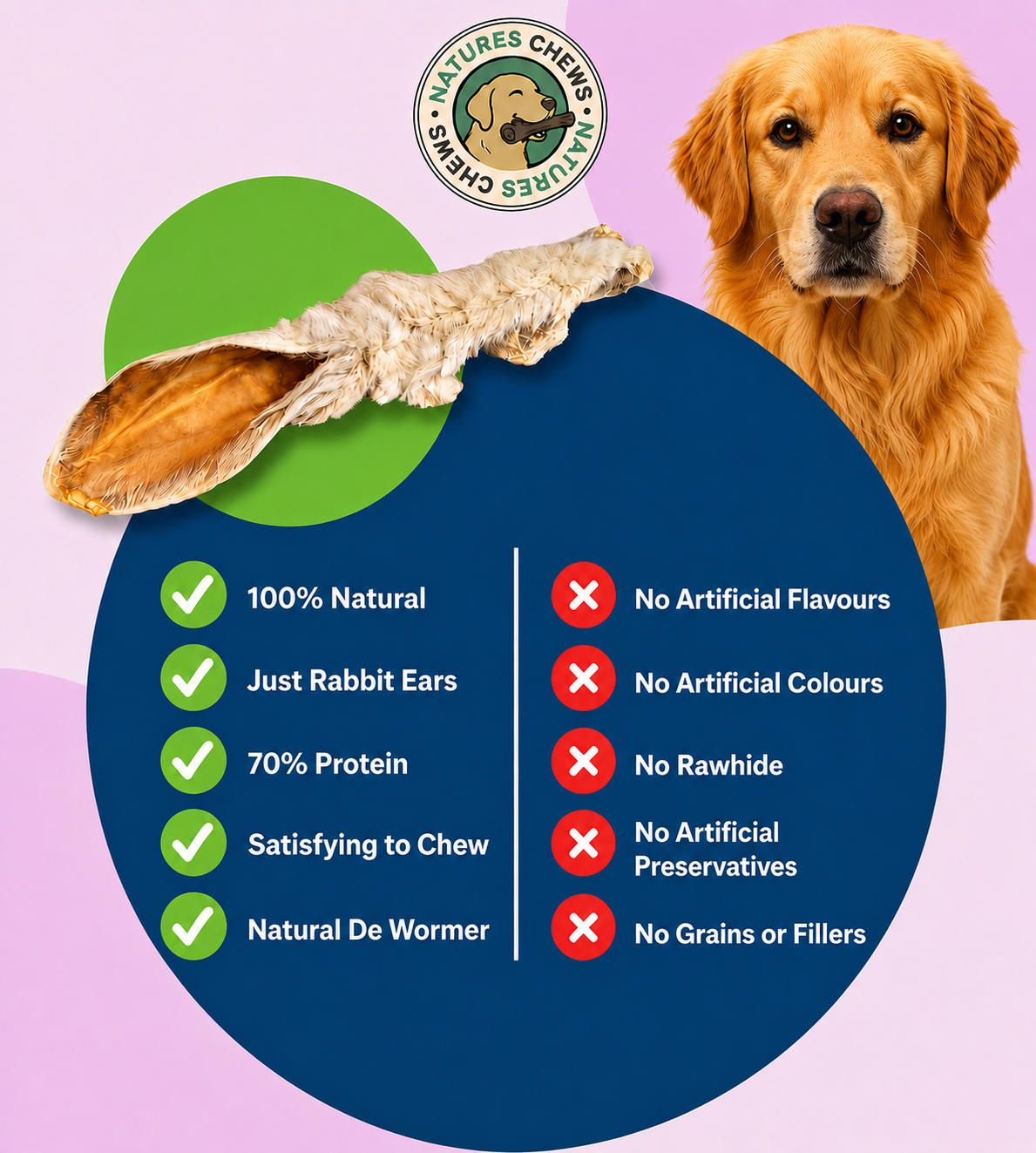 Natures Chews Rabbit Ear with Hair 1kg Bag Dog Treats