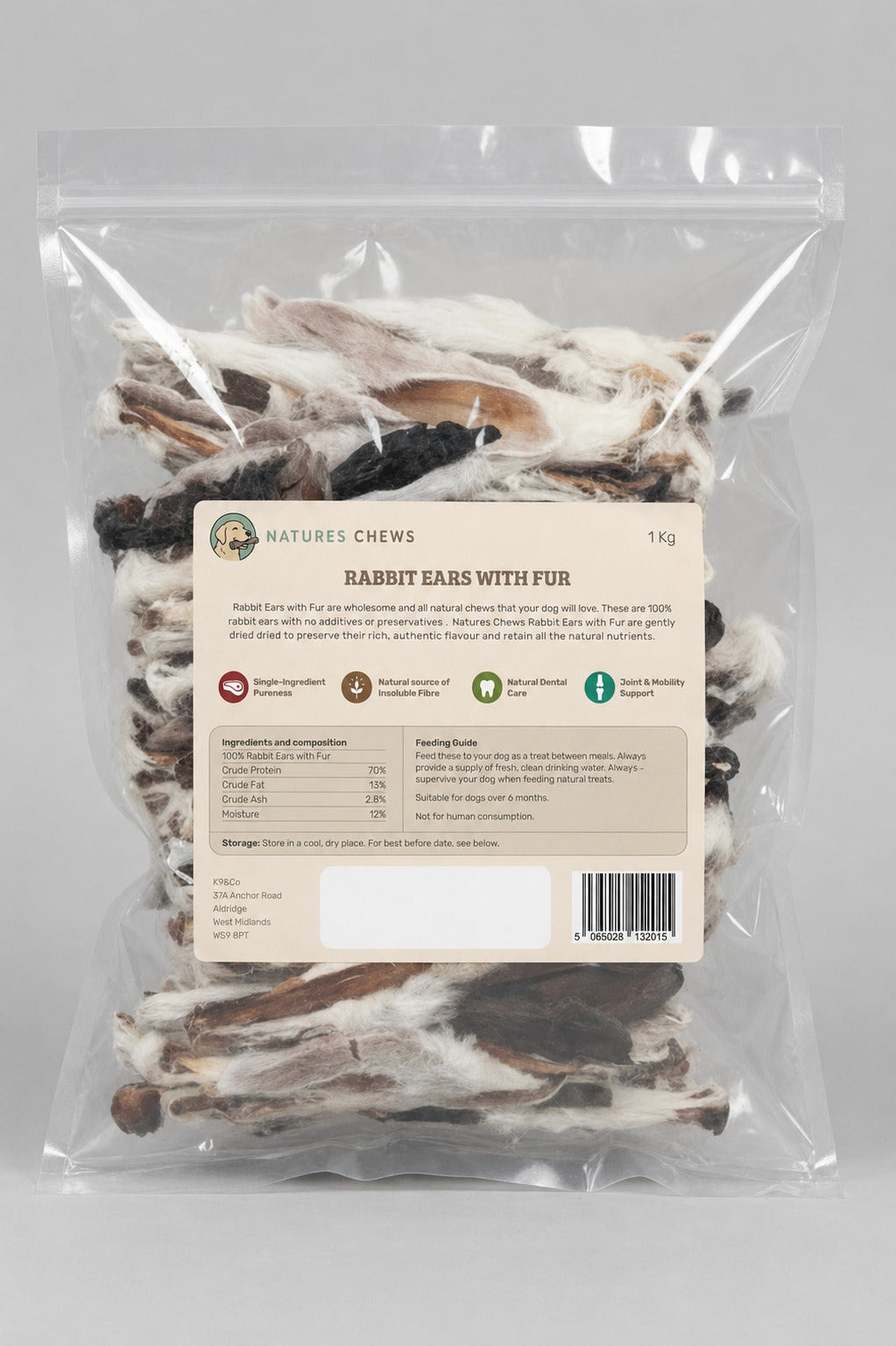 Natures Chews Rabbit Ear with Hair 1kg Bag Dog Treats